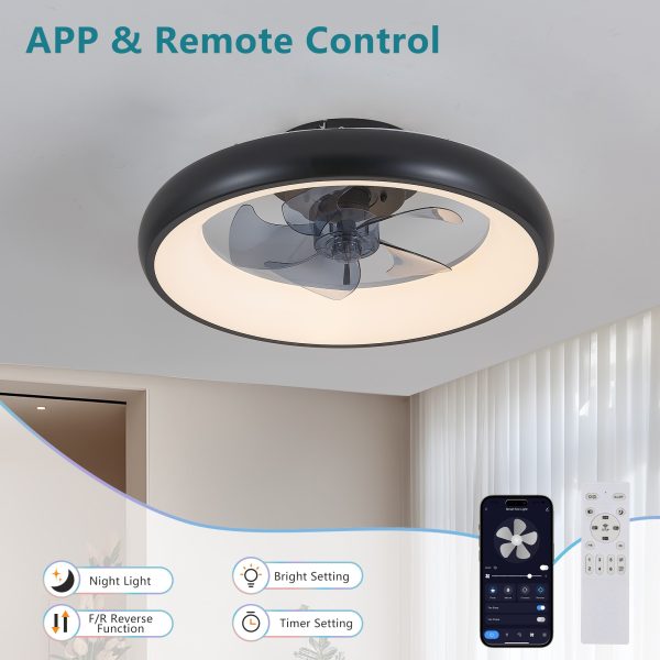 20" Black LED Ceiling Fan Light C Dimmable & Adjustable Color Temperature, APP & Remote Control, Modern Smart Ceiling Fan for Living Room, Bedroom, and Dining Room (Silent/6-Speed/Reversible/DC Motor)