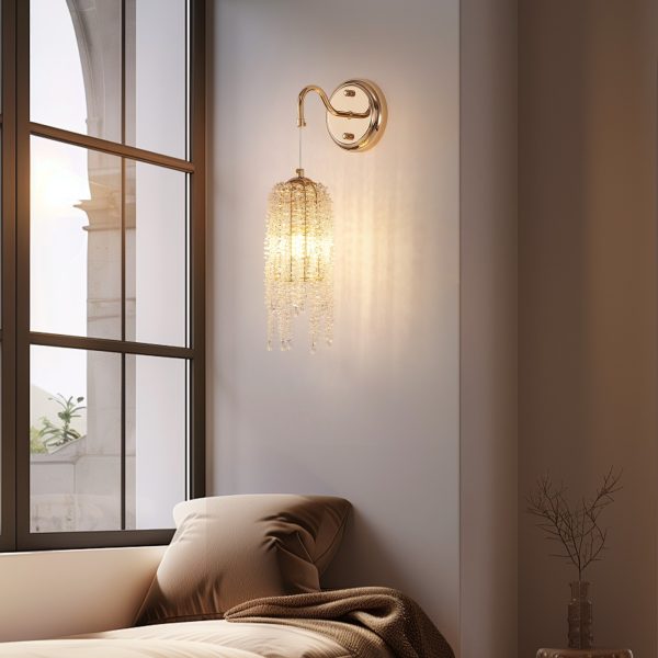 Set of 2 Gold Frame and Cascading Crystal Bead String Wall Sconces, E12 Bulb Socket, Elegant Hanging Light Fixture for Living Room, Bedroom, Hallway (Bulb Not Included)