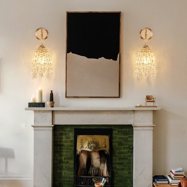 Set of 2 Gold Frame and Crystal Grape-Shaped Bead String Wall Sconces , E12 Bulb Socket, Elegant Hanging Light Fixture for Living Room, Bedroom, Hallway (Bulb Not Included)
