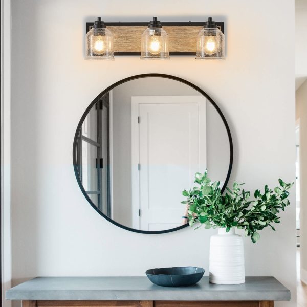 23" Farmhouse Vanity Light Fixture, 3-Light Bathroom Wall Sconce with Clear Seeded Glass Shades, Black and Wood Grain Finish, Modern Industrial Design for Bathroom or Powder Room (No Bulbs)