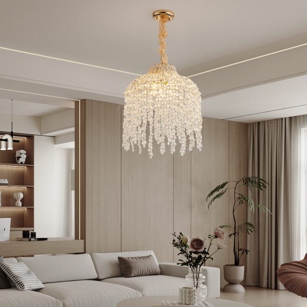 16 Inch 5-Light Crystal Pendant Light ChandelierC Elegant Waterfall Design with Grape-Shaped Crystal Bead Strings and Gold Finish for Living Room, Bedroom, or Dining Area (Bulb Not Included)