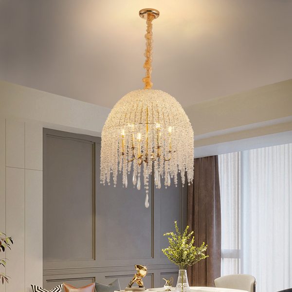 20 Inch 6-Light Crystal Pendant Light ChandelierC Elegant Waterfall Design with Cascading Crystal Bead Strings and Gold Finish for Living Room, Bedroom, or Dining Area (Bulb Not Included)