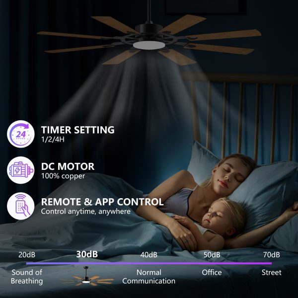 60 Inch Ceiling Fan with Lights and Remote Control, 8 Plywood Blades, 6-Speed Noiseless Reversible DC Motor, 3CCT, Windmill Ceiling fan for Kitchen Bedroom Living Room, Black