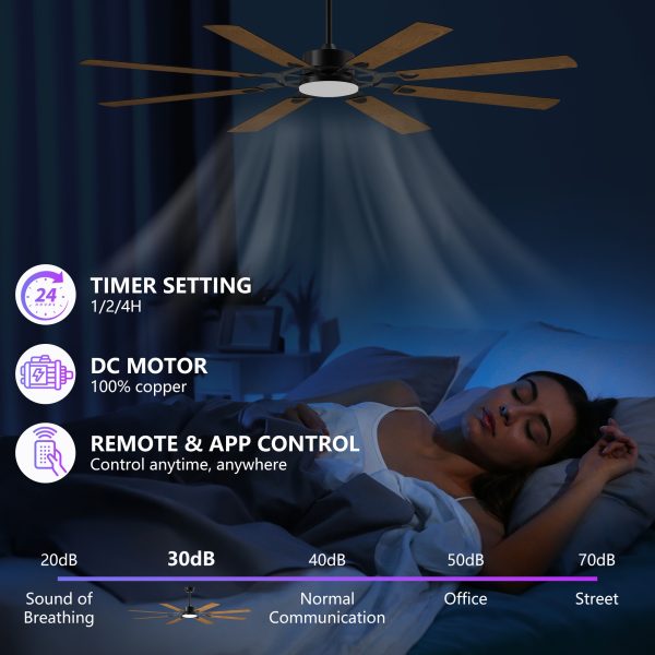 72-Inch 8-Blade Large Ceiling Fan,Reversible Quiet DC Motor,Indoor/Outdoor Modern Ceiling Fan,Suitable for Kitchen,Living Room and Terrace,Black