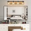 32" Farmhouse Vanity Light Fixture, 4-Light Bathroom Wall Sconce with Clear Seeded Glass Shades, Black and Wood Grain Finish, Modern Industrial Design for Bathroom or Powder Room (No Bulbs)