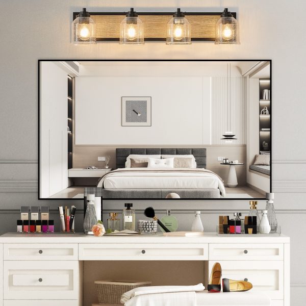 32" Farmhouse Vanity Light Fixture, 4-Light Bathroom Wall Sconce with Clear Seeded Glass Shades, Black and Wood Grain Finish, Modern Industrial Design for Bathroom or Powder Room (No Bulbs)