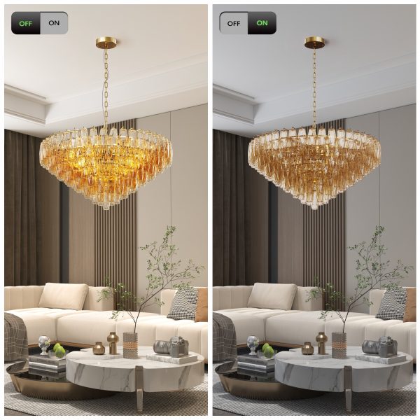 37" Extra Large Chandelier, 14-Light Gold Modern Round Chandelier for Living Room, Tiered Smoke Blown Glass Brass Chandeliers, Hanging Light Fixture for Bedroom, Dining Room, Foyer, Entryway