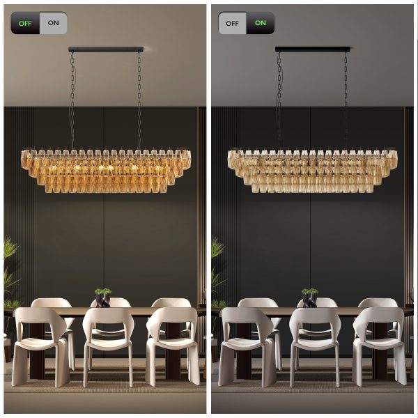 54" Black Rectangular Chandeliers for Dining Room, 12-Light 4 Tiered Large Smoke Glass Chandelier, Modern Kitchen Island Farmhouse Hanging Light Fixture for Living Room Foyer(Bulb not included)