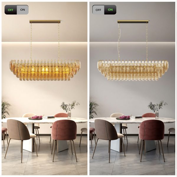 Modern Chandeliers for Dining Room, 54" Large Rectangle Gold Kitchen Chandelier Over Table, 12-Light with Smoke Glass Ceiling Lights, Farmhouse Pendant Lighting Fixture for Living Room Bedroom