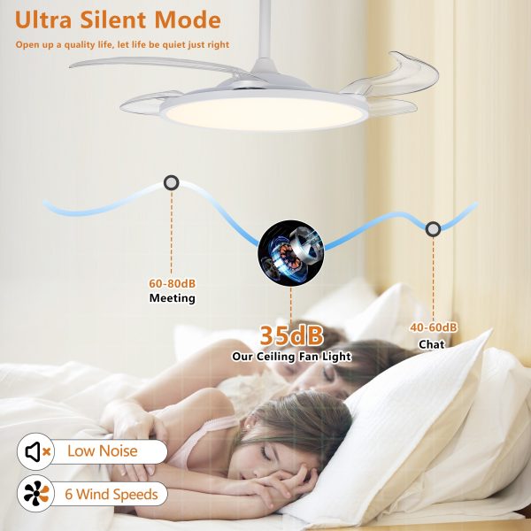 Retractable Ceiling Fans with Lights,42 inch Ceiling Fan with Light and Remote Control,Flush Mount,DC Reversible,3CCT,Low Noise,White Ceiling Fan for Bedroom,Living Room,Kitchen,Indoor Use