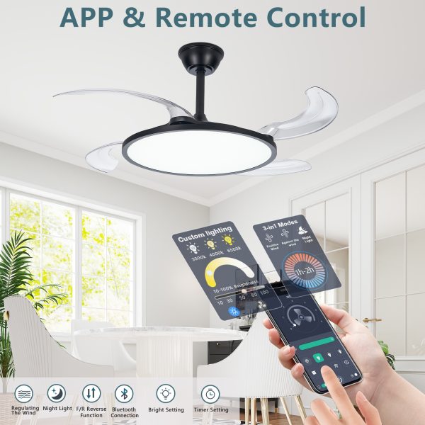 42 Inch Retractable Ceiling Fan,Low Profile Ceiling Fan with Light and Remote,Modern White Fan with Retractable Blades for Dinning Room Living Room Bedroom,Dimmable,Timer Setting