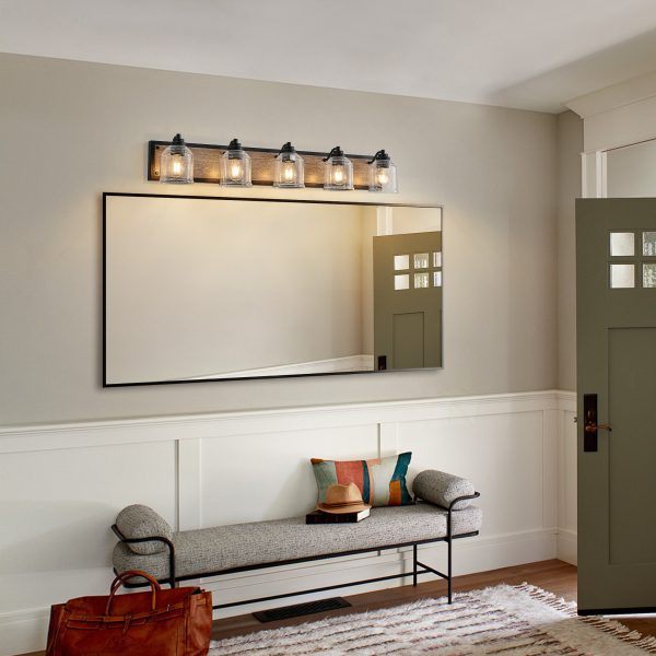 40" Farmhouse Vanity Light Fixture, 5-Light Bathroom Wall Sconce with Clear Seeded Glass Shades, Black and Wood Grain Finish, Modern Industrial Design for Bathroom or Powder Room (No Bulbs)