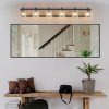 49" Farmhouse Vanity Light Fixture, 6-Light Bathroom Wall Sconce with Clear Seeded Glass Shades, Black and Wood Grain Finish, Modern Industrial Design for Bathroom or Powder Room (No Bulbs)