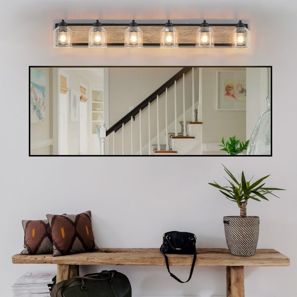 49" Farmhouse Vanity Light Fixture, 6-Light Bathroom Wall Sconce with Clear Seeded Glass Shades, Black and Wood Grain Finish, Modern Industrial Design for Bathroom or Powder Room (No Bulbs)