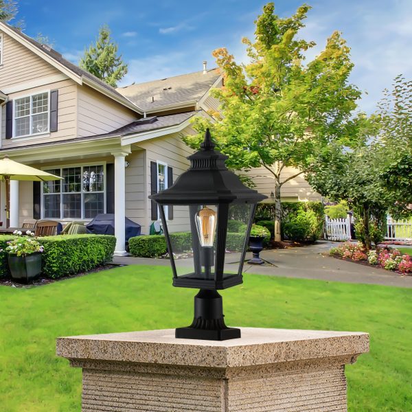 21"(H) 1-Pack Outdoor Post Lantern Light C Vintage Black Metal & Clear Glass Pillar Lamp for Garden, Gate, Driveway, and Pathway Lighting with Elegant Design (Bulb Not Included)