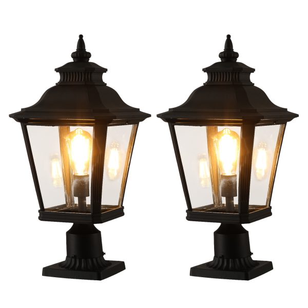 21"(H) 2-Pack Outdoor Post Lantern Light C Vintage Black Metal & Clear Glass Pillar Lamp for Garden, Gate, Driveway, and Pathway Lighting with Elegant Design (Bulb Not Included)
