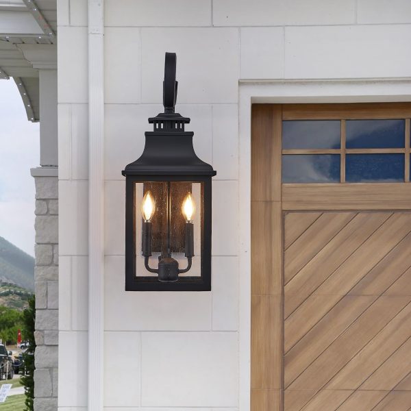 23"(H) 2-Pack Outdoor Wall Lantern Light C Vintage Black Metal Sconce with Clear Seeded Glass for Porch, Patio, and Garden (Bulb Not Included)