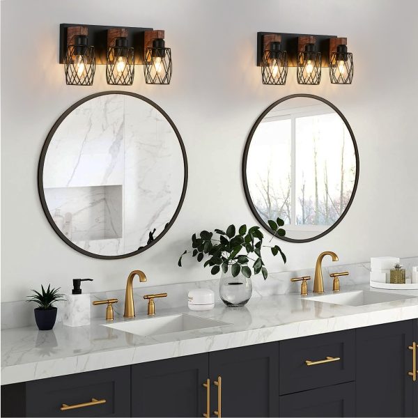 18" Industrial Vintage 3-Light Wall Sconce - Black Cage Wall Lighting Fixture with Wooden Accents for Bathroom, Hallway, or Living Room (Bulb Not Included)