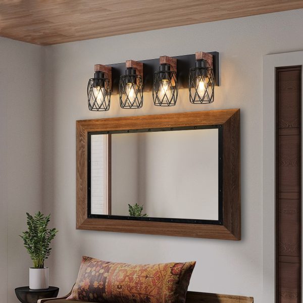 24" Industrial Vintage 4-Light Wall Sconce - Black Cage Wall Lighting Fixture with Wooden Accents for Bathroom, Hallway, or Living Room (Bulb Not Included)