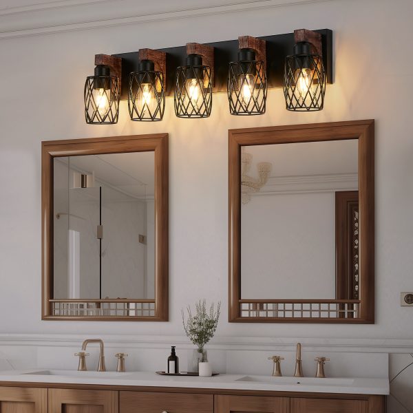 31" Industrial Vintage 5-Light Wall Sconce - Black Cage Wall Lighting Fixture with Wooden Accents for Bathroom, Hallway, or Living Room (Bulb Not Included)