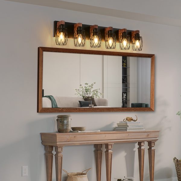 38" Industrial Vintage 6-Light Wall Sconce - Black Cage Wall Lighting Fixture with Wooden Accents for Bathroom, Hallway, or Living Room (Bulb Not Included)