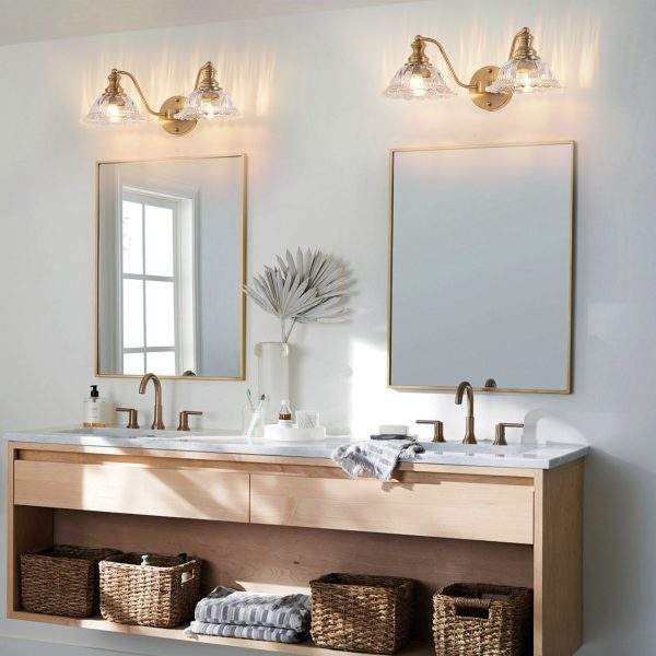 20 Inch 2-Light Vintage Bathroom Wall Sconce C Elegant Golden Metal and Glass Lampshade Vanity Light Fixture for Bathroom, Hallway, or Bedroom (Bulb Not Included)