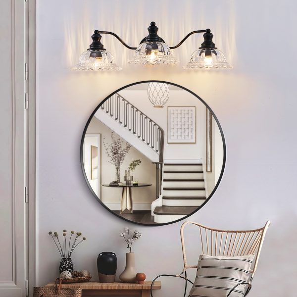 24 Inch 3-Light Vintage Bathroom Wall Sconce C Elegant Black Metal and Glass Lampshade Vanity Light Fixture for Bathroom, Hallway, or Bedroom (Bulb Not Included)