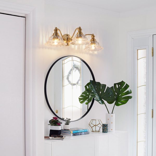 24 Inch 3-Light Vintage Bathroom Wall Sconce C Elegant Golden Metal and Glass Lampshade Vanity Light Fixture for Bathroom, Hallway, or Bedroom (Bulb Not Included)