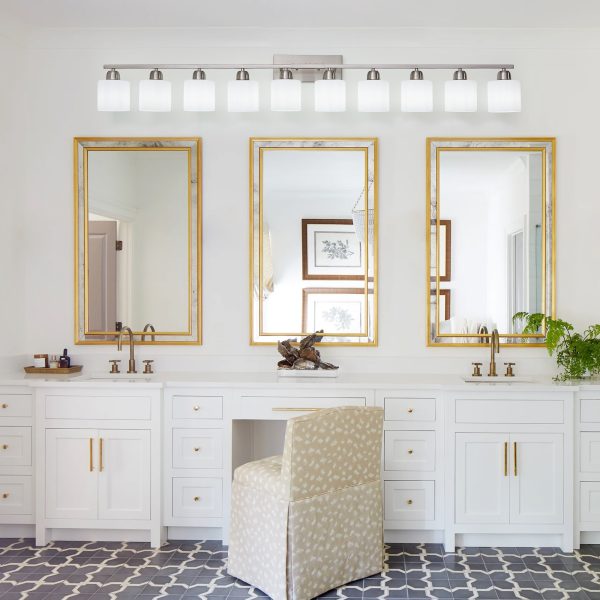 10-Light Bathroom Light Fixtures, 65.52inch Nickel Vanity Light with Milky White Glass Shade, Modern Bathroom Wall Lights Over Mirror, Farmhouse Wall Sconces Lighting for Bedroom Living Room