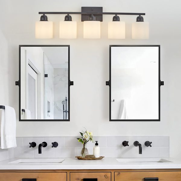 4-41.jpg Black Bathroom Light Fixtures, 5-Light Modern Vanity Light Over Mirror, Wall Sconces with Milky White Frosted Glass Shades, E26 Socket (Bulbs Not Included)