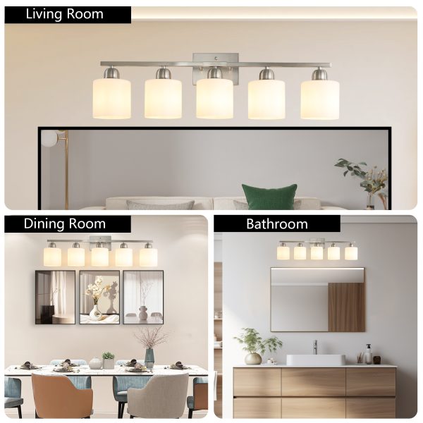4-42.jpg Brushed Nickel Bathroom Light Fixtures, 5-Light Modern Vanity Light Over Mirror, Wall Sconces with Milky White Frosted Glass Shades, E26 Socket (Bulbs Not Included)