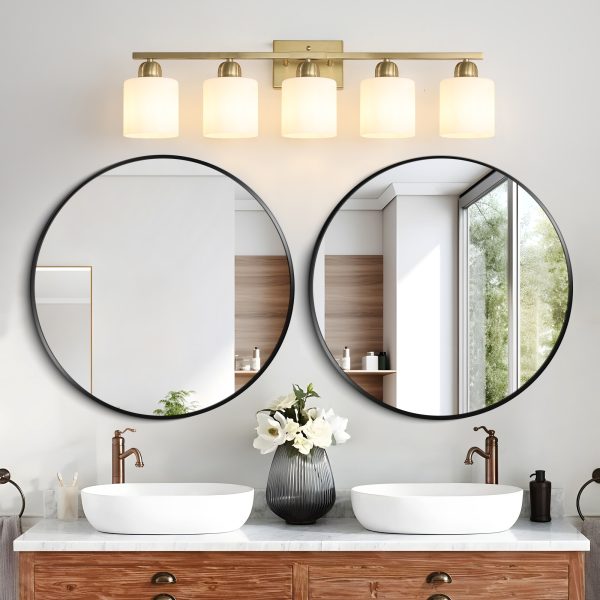4-43.jpg Gold Bathroom Light Fixtures, 5-Light Modern Vanity Light Over Mirror, Wall Sconces with Milky White Frosted Glass Shades, E26 Socket (Bulbs Not Included)