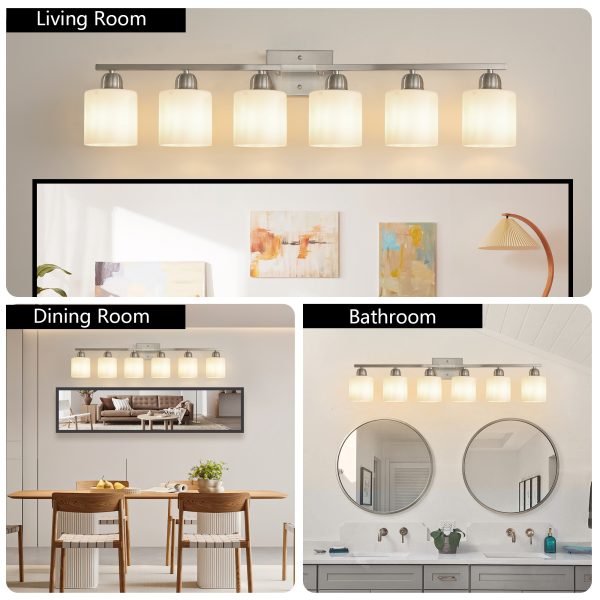 38" Bathroom Vanity Light, 6-Light Nickel Vanity Lights for Bathroom, Wall Sconce Lighting with Milky White Glass Shade, Wall Lights,Bath Vintage Wall Mounted Lamps for Mirror Bedroom