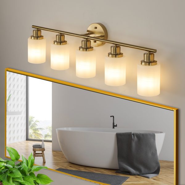 4-5.jpg 31" Modern 5-Light Vanity Wall Sconce, Golden Finish with Frosted Glass Shades for Bathroom or Hallway Lighting (No Bulbs)