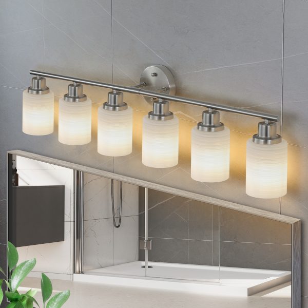 39" Modern 6-Light Vanity Wall Sconce, Brushed Nickel Finish with Frosted Glass Shades for Bathroom or Hallway Lighting (No Bulbs)