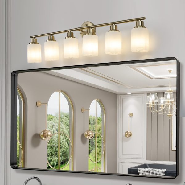 4-7.jpg 39" Modern 6-Light Vanity Wall Sconce, Golden Finish with Frosted Glass Shades for Bathroom or Hallway Lighting (No Bulbs)