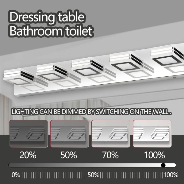 39" Modern Chrome 4-Light LED Vanity Light, Square Acrylic Lampshades Wall Mount Fixture for Bathroom, Mirror Lighting