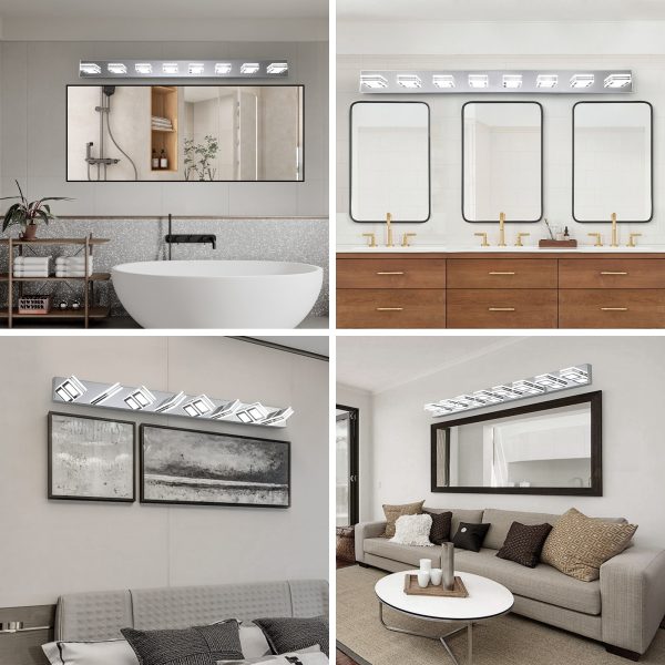 52" Modern Chrome 8-Light LED Vanity Light, Square Acrylic Lampshades Wall Mount Fixture for Bathroom, Mirror Lighting