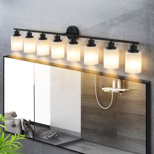 52" Modern 8-Light Vanity Bathroom Mirror Light, Frosted White Glass with Black Iron Frame, Contemporary Wall Sconce for Bedroom, Bathroom, and Dressing Room (Bulb Not Included)