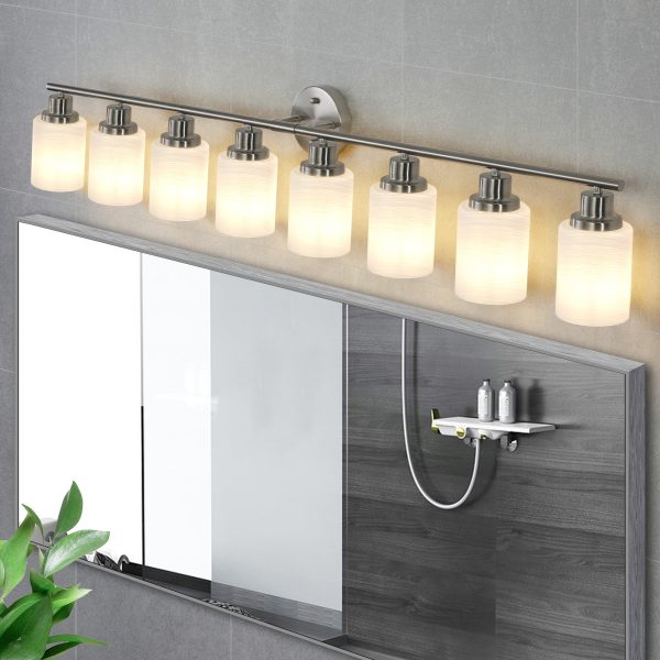 4-9.jpg 52" Modern 8-Light Vanity Wall Sconce, Brushed Nickel Finish with Frosted Glass Shades for Bathroom or Hallway Lighting (No Bulbs)