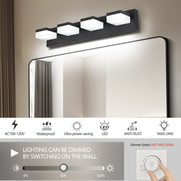 4Black Bathroom Light Fixtures 4 Lights Bathroom Vanity Light LED Dimmable Matt Black Vanity Lights 24W Cool White 6000K