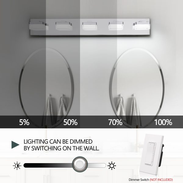 Modern Chrome LED Vanity Light, 5-Lights Wall Sconce for Bathroom and Mirror, Sleek Minimalist Design, Energy-Efficient, Easy to Install