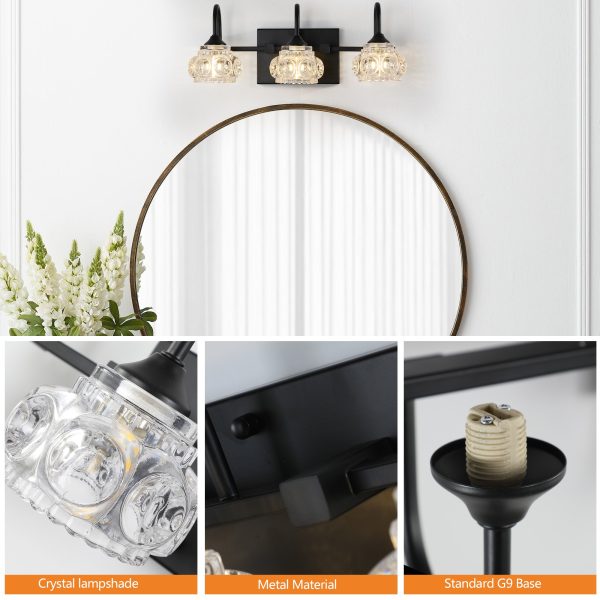 17" Retro 3-Light Bathroom Vanity Light Fixture - Black Finish with Crystal Glass Shades, Wall Mounted Lighting for Bathroom, Powder Room, and Vanity Mirror (No Bulbs)