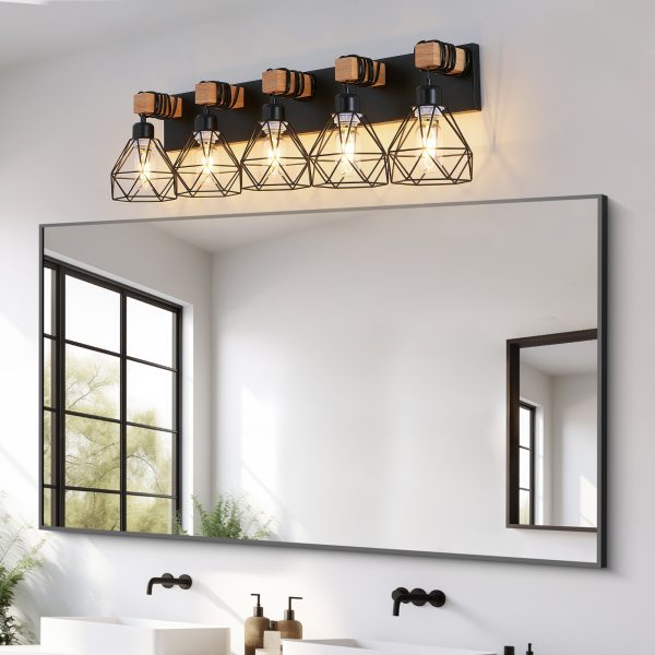 31" Modern Geometric 5-Light Vanity Light Fixture with Black Metal, Wooden Accents and Cage Lampshade for Bathroom, Bedroom, or Living Room (Bulb Not Included)