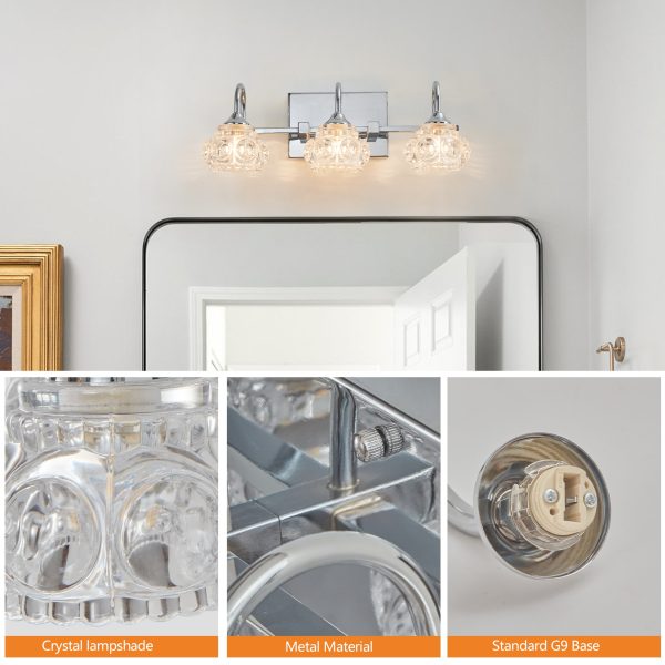 5-12.jpg 17" Nickel Finish Vintage Crystal Glass Vanity Light - Elegant 3-Light Bathroom Mirror Fixture with Clear Glass Shades (No Bulbs)