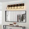 38" Modern Geometric 6-Light Vanity Light Fixture with Black Metal, Wooden Accents and Cage Lampshade for Bathroom, Bedroom, or Living Room (Bulb Not Included)