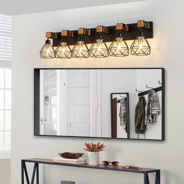 38" Modern Geometric 6-Light Vanity Light Fixture with Black Metal, Wooden Accents and Cage Lampshade for Bathroom, Bedroom, or Living Room (Bulb Not Included)