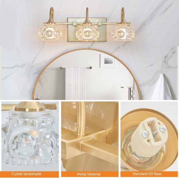 17" Modern Crystal Bathroom Vanity Light, 3-Light Golden Wall Sconce with Clear Glass Shade, Elegant Wall Mount Lighting for Bathroom, Powder Room, or Vanity Mirror (No Bulbs)