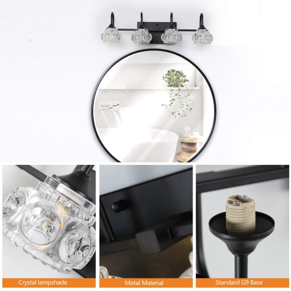 23" Retro 4-Light Bathroom Vanity Light Fixture - Black Finish with Crystal Glass Shades, Wall Mounted Lighting for Bathroom, Powder Room, and Vanity Mirror (No Bulbs)