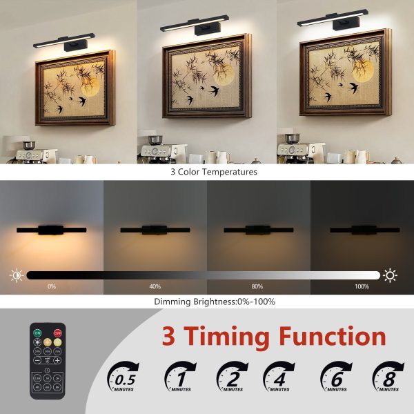 Picture Light Battery Operated with Remote, LED Black Art Lights for Paintings Rechargeable Dimmable and Timer, 16in Wall Sconce for Art Painting Gallery Adjustable Swing Arm for Display